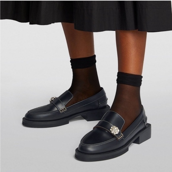 Ganni Loafers Embellished Jewel Moc Toe in Black Leather